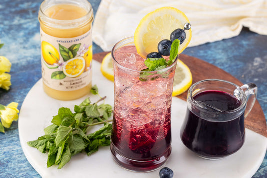 Blueberry Lemon Mocktail with whipped honey with lemon.