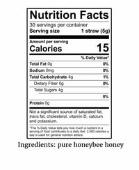 Nutrition facts label for pure honeybee honey with serving size and calories information.