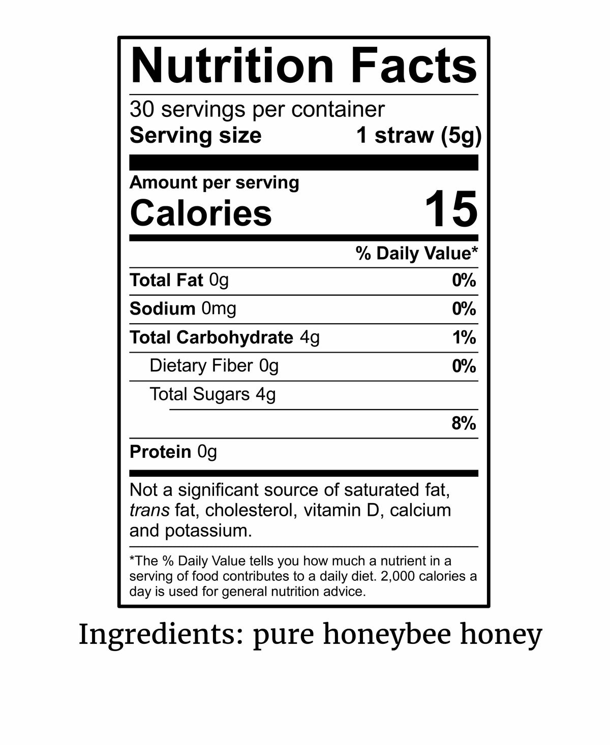 Nutrition facts label for pure honeybee honey with serving size and calories information.