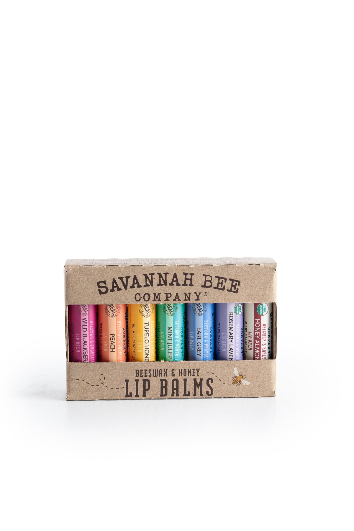 Box of Savannah Bee Company lip balms on a white background