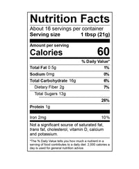 Nutrition facts label for a product with detailed calorie and ingredient information. 60 calories per serving