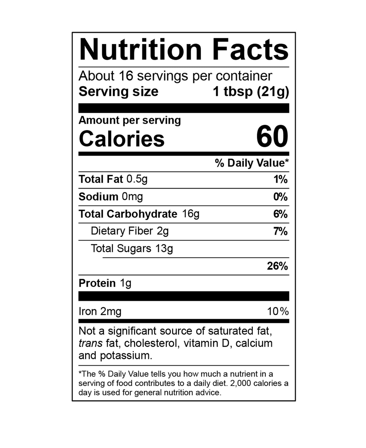 Nutrition facts label for a product with detailed calorie and ingredient information. 60 calories per serving.