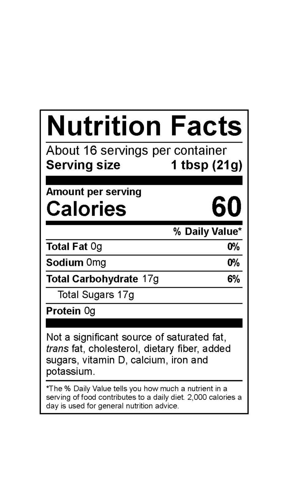 Nutrition facts label for a product with specific calorie count and nutritional content. 60 calories.
