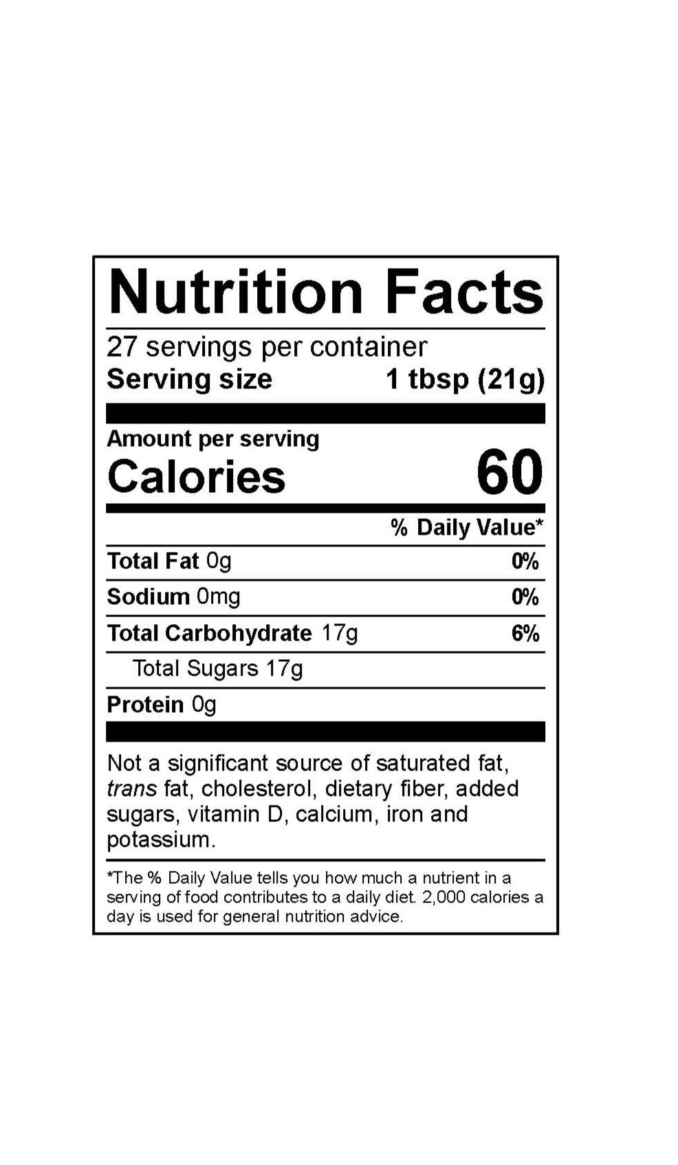 Nutrition facts label for a product with 60 calorie count and ingredient details.