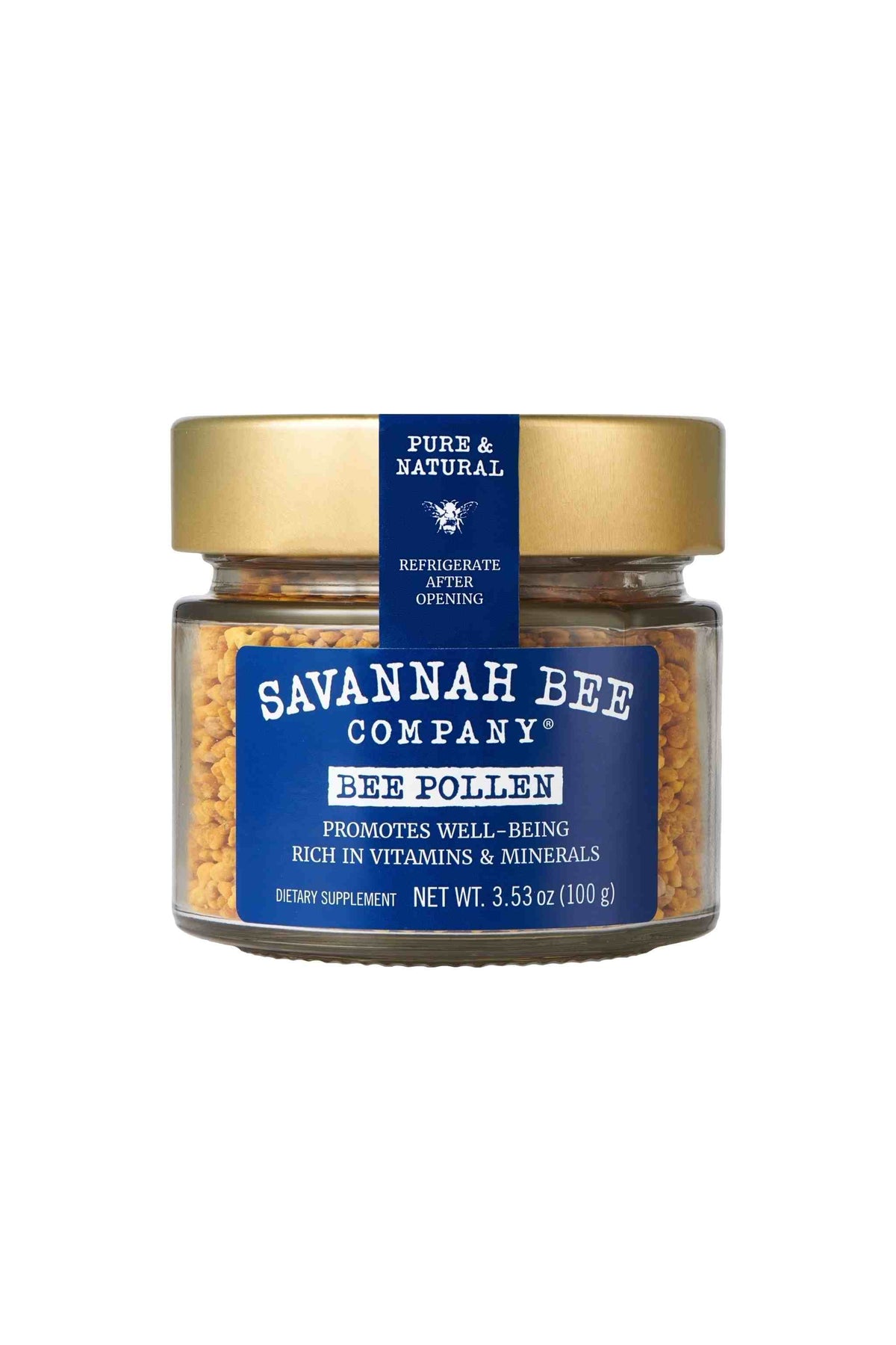 Pure & Natural Savannah Bee Company Bee Pollen 3.53. oz. Navy Label with a gold lid. 