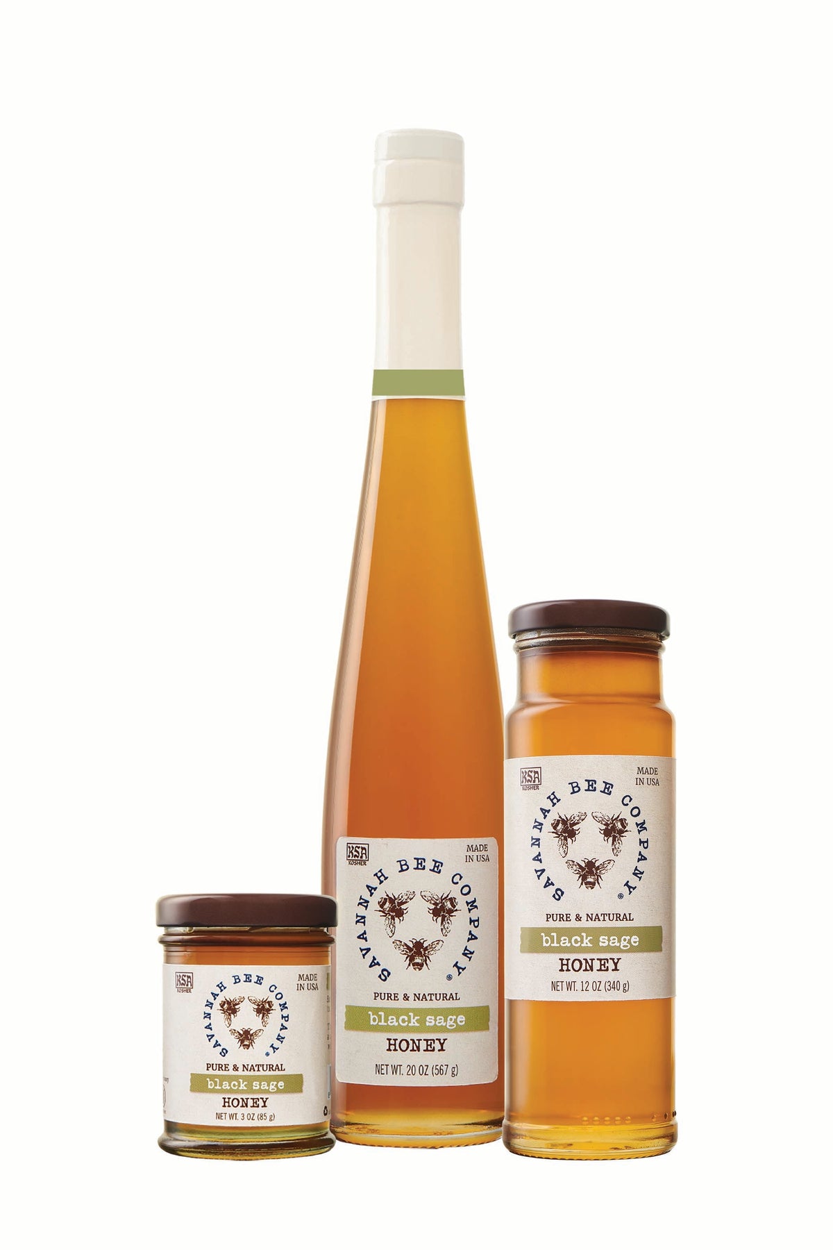Black Sage Honey come in 3 oz. mini, 12 oz. tower and 20 oz. flute sizes  studio image