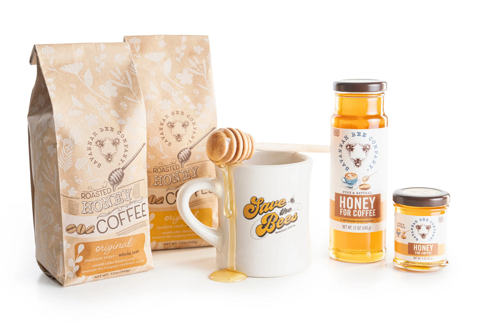 Roasted Honey for Coffee comes in wholebean or ground. Our Save The Bee Diner mug with yellow lettering and a honey dipper drizzling honey. A 12oxz and 3oz Honey for Coffee is perfect for any cup of coffee. 